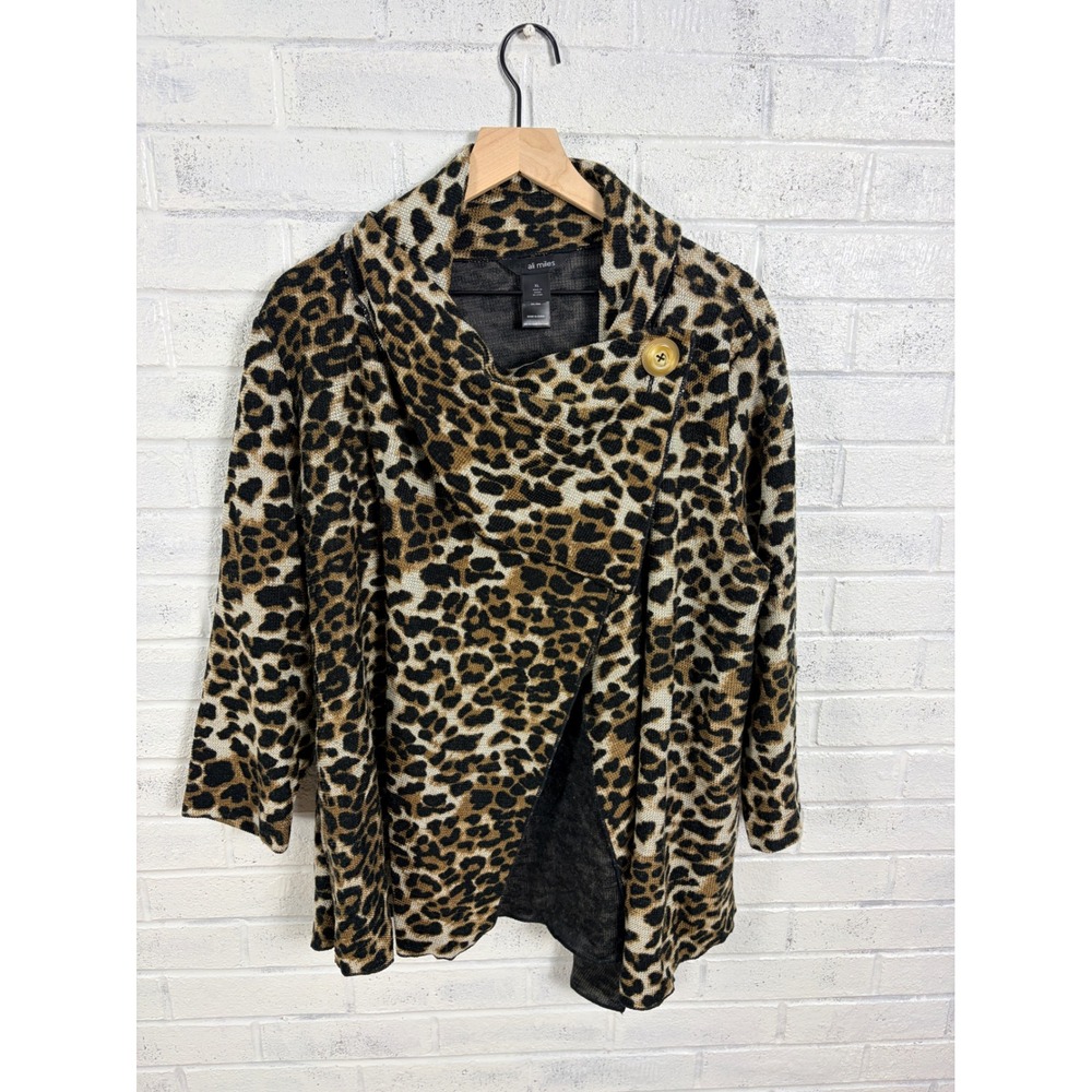 Ali Miles Cardigan Womens XL Leopard Print Asymmetrical Cowl Neck Button Brown